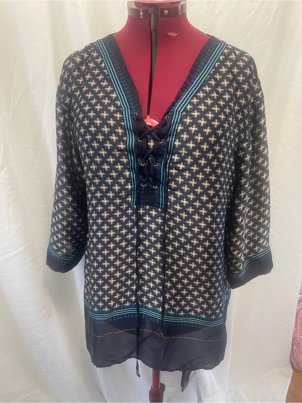 Anne Klein Navy Lace-Up V-Neck Boho Tunic with Teal Trim